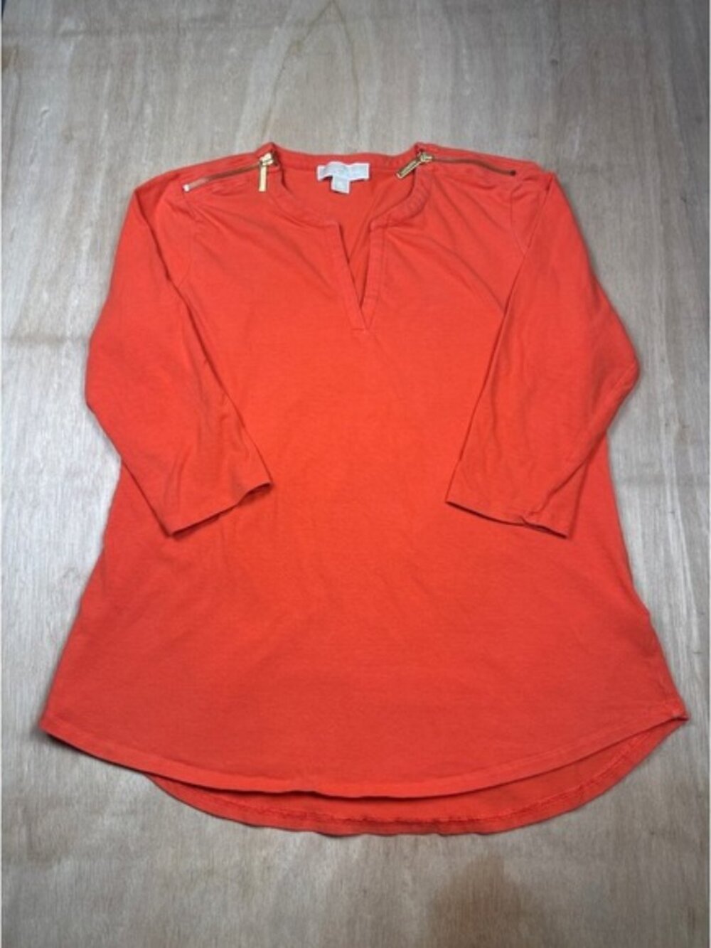Michael Kors Orange V Neck 3/4 Sleeve Top Gold Zip Detail Women's Size XL
